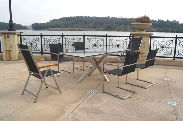 OUTFLEXX Esstischgarnitur, Silber/schwarz, Edelstahl/Granit/Textil, 200x100 Cm, 4 Freischwinger, 2 Multipos, Padded, Armlehnen Aus FSC-Teak 3 OUTFLEXX Esstischgarnitur, Silber/schwarz, Edelstahl/Granit/Textil, 200x100 Cm, 4 Freischwinger, 2 Multipos, Padded, Armlehnen Aus FSC-Teak