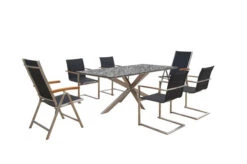 OUTFLEXX Esstischgarnitur, Silber/schwarz, Edelstahl/Granit/Textil, 200x100 Cm, 4 Freischwinger, 2 Multipos, Padded, Armlehnen Aus FSC-Teak 13 OUTFLEXX Esstischgarnitur, Silber/schwarz, Edelstahl/Granit/Textil, 200x100 Cm, 4 Freischwinger, 2 Multipos, Padded, Armlehnen Aus FSC-Teak -Gartenmoebel Verkaufs-Shop 22784 02.jpg