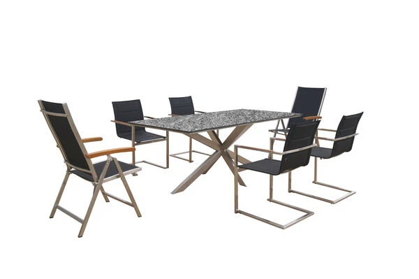 OUTFLEXX Esstischgarnitur, Silber/schwarz, Edelstahl/Granit/Textil, 200x100 Cm, 4 Freischwinger, 2 Multipos, Padded, Armlehnen Aus FSC-Teak 4 OUTFLEXX Esstischgarnitur, Silber/schwarz, Edelstahl/Granit/Textil, 200x100 Cm, 4 Freischwinger, 2 Multipos, Padded, Armlehnen Aus FSC-Teak – Bild 2