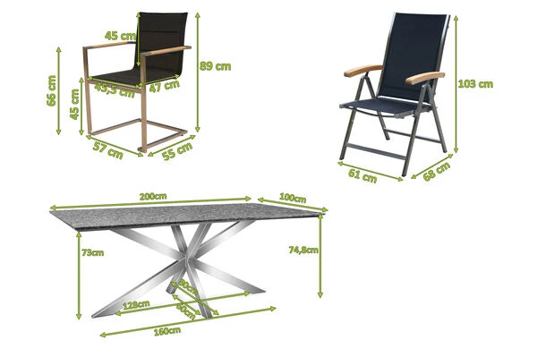 OUTFLEXX Esstischgarnitur, Silber/schwarz, Edelstahl/Granit/Textil, 200x100 Cm, 4 Freischwinger, 2 Multipos, Padded, Armlehnen Aus FSC-Teak 7 OUTFLEXX Esstischgarnitur, Silber/schwarz, Edelstahl/Granit/Textil, 200x100 Cm, 4 Freischwinger, 2 Multipos, Padded, Armlehnen Aus FSC-Teak – Bild 5