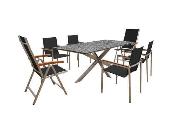 OUTFLEXX Esstischgarnitur, Silber/schwarz, Edelstahl/Granit/Textil, 200x100 Cm, 4 Gartensessel, 2 Multipos, Armlehnen Aus FSC-Teak 3 OUTFLEXX Esstischgarnitur, Silber/schwarz, Edelstahl/Granit/Textil, 200x100 Cm, 4 Gartensessel, 2 Multipos, Armlehnen Aus FSC-Teak