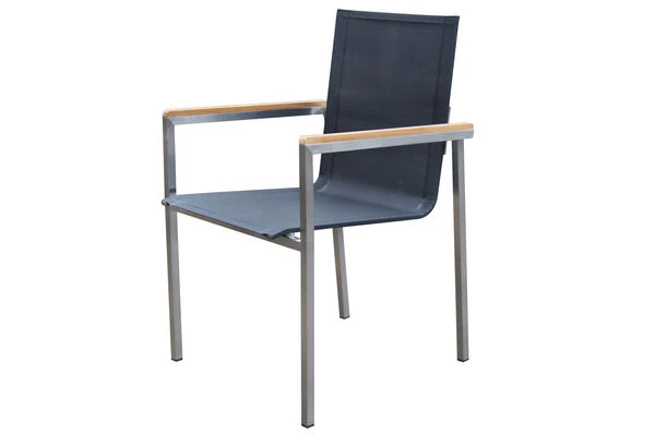 OUTFLEXX Esstischgarnitur, Silber/schwarz, Edelstahl/Granit/Textil, 200x100 Cm, 4 Gartensessel, 2 Multipos, Armlehnen Aus FSC-Teak 5 OUTFLEXX Esstischgarnitur, Silber/schwarz, Edelstahl/Granit/Textil, 200x100 Cm, 4 Gartensessel, 2 Multipos, Armlehnen Aus FSC-Teak – Bild 3