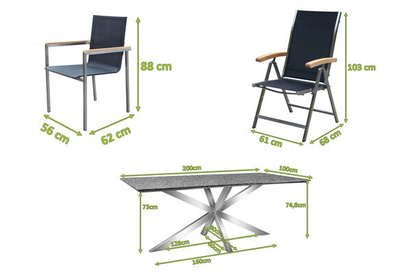 OUTFLEXX Esstischgarnitur, Silber/schwarz, Edelstahl/Granit/Textil, 200x100 Cm, 4 Gartensessel, 2 Multipos, Armlehnen Aus FSC-Teak 7 OUTFLEXX Esstischgarnitur, Silber/schwarz, Edelstahl/Granit/Textil, 200x100 Cm, 4 Gartensessel, 2 Multipos, Armlehnen Aus FSC-Teak – Bild 5