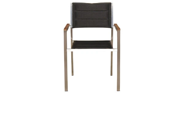 OUTFLEXX Esstischgarnitur, Silber/schwarz, Edelstahl/Granit/Textil, 200x100 Cm, 6 Stühle, Padded, Armlehnen Aus FSC-Teak 6 OUTFLEXX Esstischgarnitur, Silber/schwarz, Edelstahl/Granit/Textil, 200x100 Cm, 6 Stühle, Padded, Armlehnen Aus FSC-Teak – Bild 4