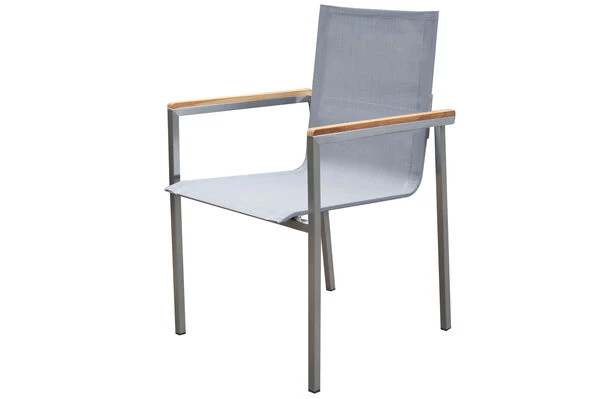 OUTFLEXX Esstischgarnitur, Silber/taupe, Edelstahl/Granit/Textil, 200x100 Cm, 6 Stapelsessel, Armlehnen Aus FSC-Teak 5 OUTFLEXX Esstischgarnitur, Silber/taupe, Edelstahl/Granit/Textil, 200x100 Cm, 6 Stapelsessel, Armlehnen Aus FSC-Teak – Bild 3