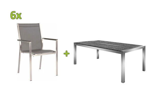 STERN Esstischgarnitur, Silbergrau/grau, Edelstahl/Textilene, Tisch 200 X 100 Cm, 2 Teilige Tischplatte, 6 Stapelsessel 3 STERN Esstischgarnitur, Silbergrau/grau, Edelstahl/Textilene, Tisch 200 X 100 Cm, 2 Teilige Tischplatte, 6 Stapelsessel
