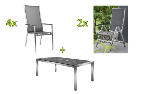 STERN Esstischgarnitur, Silbergrau/grau, Edelstahl/Textilene, Tisch 200 X 100 Cm, 2 Teilige Tischplatte, 4 Stapelsessel, Hohe Rückenlehne, 2 Multipo 3 STERN Esstischgarnitur, Silbergrau/grau, Edelstahl/Textilene, Tisch 200 X 100 Cm, 2 Teilige Tischplatte, 4 Stapelsessel, Hohe Rückenlehne, 2 Multipo