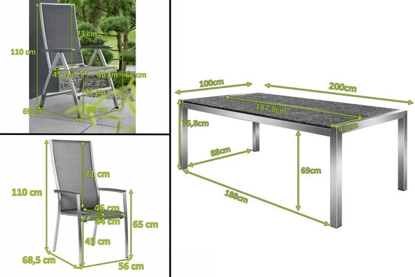 STERN Esstischgarnitur, Silbergrau/grau, Edelstahl/Textilene, Tisch 200 X 100 Cm, 2 Teilige Tischplatte, 4 Stapelsessel, Hohe Rückenlehne, 2 Multipo 4 STERN Esstischgarnitur, Silbergrau/grau, Edelstahl/Textilene, Tisch 200 X 100 Cm, 2 Teilige Tischplatte, 4 Stapelsessel, Hohe Rückenlehne, 2 Multipo – Bild 2