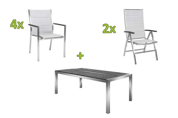 STERN Esstischgarnitur, Silber/grau, Edelstahl/Textilene, Tisch 200 X 100 Cm, 2 Teilige Tischplatte, 4 Stapelsessel, 2 Multipo, Padded 3 STERN Esstischgarnitur, Silber/grau, Edelstahl/Textilene, Tisch 200 X 100 Cm, 2 Teilige Tischplatte, 4 Stapelsessel, 2 Multipo, Padded