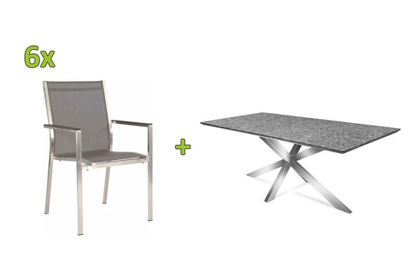 STERN Esstischgarnitur, Silbergrau/grau, Edelstahl/Textilene, Tisch 200 X 100 Cm, 6 Stapelsessel 3 STERN Esstischgarnitur, Silbergrau/grau, Edelstahl/Textilene, Tisch 200 X 100 Cm, 6 Stapelsessel