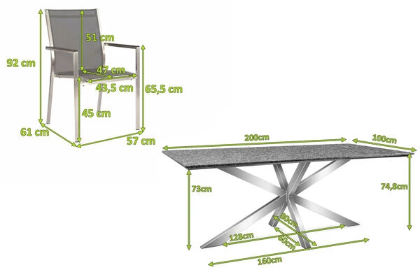 STERN Esstischgarnitur, Silbergrau/grau, Edelstahl/Textilene, Tisch 200 X 100 Cm, 6 Stapelsessel 4 STERN Esstischgarnitur, Silbergrau/grau, Edelstahl/Textilene, Tisch 200 X 100 Cm, 6 Stapelsessel – Bild 2