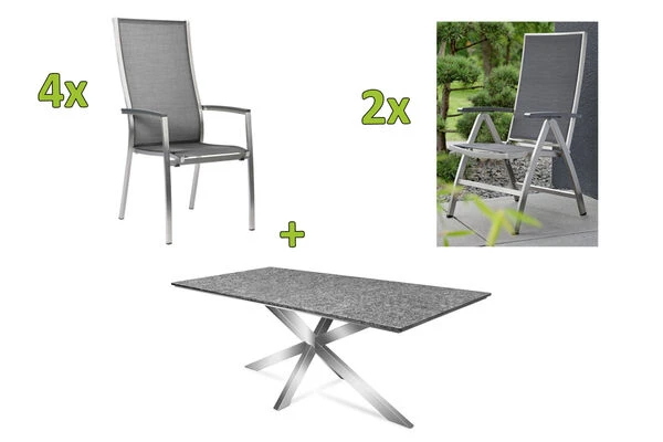 STERN Esstischgarnitur, Silbergrau/grau, Edelstahl/Textilene, Tisch 200 X 100 Cm, 4 Stapelsessel, Hohe Rückenlehne, 2 Multipo 3 STERN Esstischgarnitur, Silbergrau/grau, Edelstahl/Textilene, Tisch 200 X 100 Cm, 4 Stapelsessel, Hohe Rückenlehne, 2 Multipo