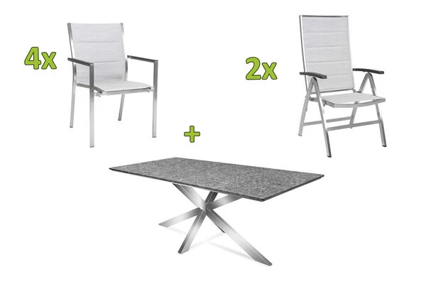 STERN Esstischgarnitur, Silber/grau, Edelstahl/Textilene, Tisch 200 X 100 Cm, 4 Stapelsessel, 2 Multipo, Padded 3 STERN Esstischgarnitur, Silber/grau, Edelstahl/Textilene, Tisch 200 X 100 Cm, 4 Stapelsessel, 2 Multipo, Padded