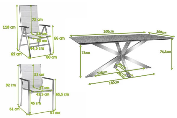 STERN Esstischgarnitur, Silber/grau, Edelstahl/Textilene, Tisch 200 X 100 Cm, 4 Stapelsessel, 2 Multipo, Padded 4 STERN Esstischgarnitur, Silber/grau, Edelstahl/Textilene, Tisch 200 X 100 Cm, 4 Stapelsessel, 2 Multipo, Padded – Bild 2