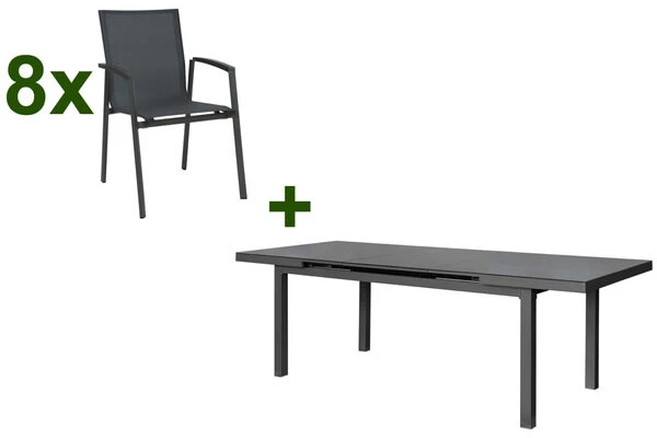 STERN New Top Esstischgarnitur, Anthrazit, Alu / Glas / Textil, Tisch 180/240x100cm, 8 Stapelsessel 3 STERN New Top Esstischgarnitur, Anthrazit, Alu / Glas / Textil, Tisch 180/240x100cm, 8 Stapelsessel