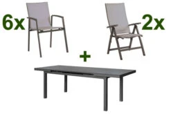 STERN New Top Esstischgarnitur, Anthrazit, Alu / Glas / Textil, Ausziehtisch 180/240x100cm, 6 Stapel-, 2 Klappsessel