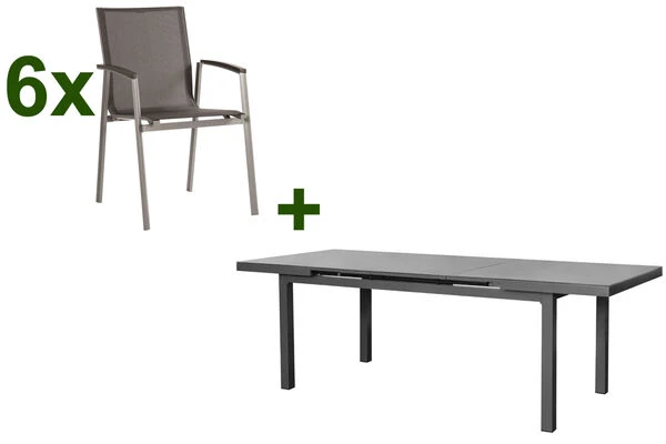 STERN New Top Esstischgarnitur, Graphit, Alu / Glas / Textil, Tisch 180/240x100cm, 6 Stapelsessel 3 STERN New Top Esstischgarnitur, Graphit, Alu / Glas / Textil, Tisch 180/240x100cm, 6 Stapelsessel