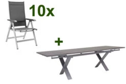 KETTLER BasicPlus Esstischgarnitur, Silber / Anthrazit, Alu / HPL / Textil, Tisch 180/280x100cm, 10 Multipositionssessel