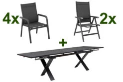KETTLER BasicPlus Esstischgarnitur, Anthrazit, Alu / Spraystone / Textil, Tisch 180/280x100cm, 4 Stapelsessel, 2 Multipo