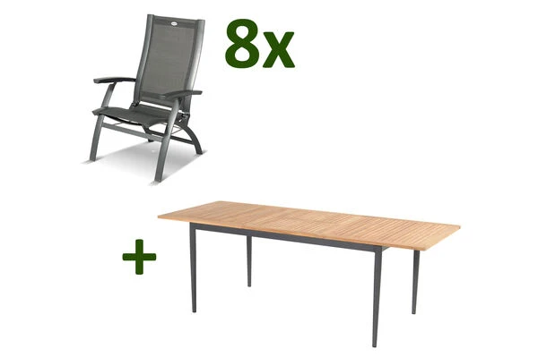 HARTMAN Silencio / Primo Sitzgruppe, Xerix/natur, Alu/Teak, 8 Multipo, 160/220x90cm, FSC-Teak Tischplatte 3 HARTMAN Silencio / Primo Sitzgruppe, Xerix/natur, Alu/Teak, 8 Multipo, 160/220x90cm, FSC-Teak Tischplatte