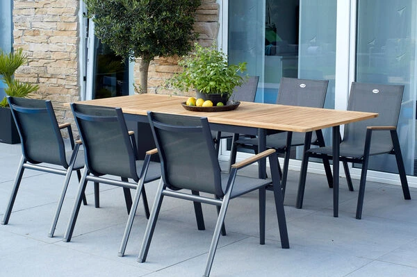 HARTMAN Silencio / Aruba Sitzgruppe, Xerix/natur, Alu/Teak, 6 Dining Sessel, 160/220x90cm, FSC-Teak Armlehnen 3 HARTMAN Silencio / Aruba Sitzgruppe, Xerix/natur, Alu/Teak, 6 Dining Sessel, 160/220x90cm, FSC-Teak Armlehnen