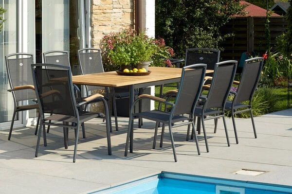 HARTMAN Silencio / RaffaeloSitzgruppe, Xerix/natur, Alu/Teak, 8 Dining Sessel, 160/220x90cm, FSC-Teak Armlehnen 2 HARTMAN Silencio / RaffaeloSitzgruppe, Xerix/natur, Alu/Teak, 8 Dining Sessel, 160/220x90cm, FSC-Teak Armlehnen