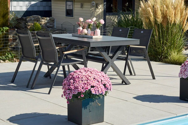 HARTMAN Xanadu / Aruba Sitzgruppe, Xerix/natur, Alu/Teak/Glaskeramik, 4 Dining Sessel, 160/220x100cm, FSC-Teak Armlehnen 3 HARTMAN Xanadu / Aruba Sitzgruppe, Xerix/natur, Alu/Teak/Glaskeramik, 4 Dining Sessel, 160/220x100cm, FSC-Teak Armlehnen