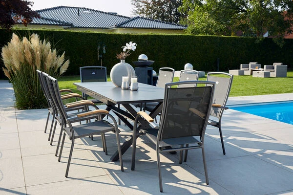 HARTMAN Xanadu / Raffaelo Sitzgruppe, Xerix/natur, Alu/Teak/Glaskeramik, 8 Dining Sessel, 160/220x100cm, FSC-Teak Armlehnen 3 HARTMAN Xanadu / Raffaelo Sitzgruppe, Xerix/natur, Alu/Teak/Glaskeramik, 8 Dining Sessel, 160/220x100cm, FSC-Teak Armlehnen