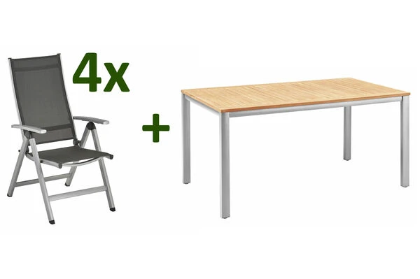 KETTLER Granada/Easy Sitzgruppe, Silber/anthrazit, Alu/Textilene, Teaktisch 160x95 Cm,4 Multipo, FSC-Teak Tischplatte 3 KETTLER Granada/Easy Sitzgruppe, Silber/anthrazit, Alu/Textilene, Teaktisch 160x95 Cm,4 Multipo, FSC-Teak Tischplatte