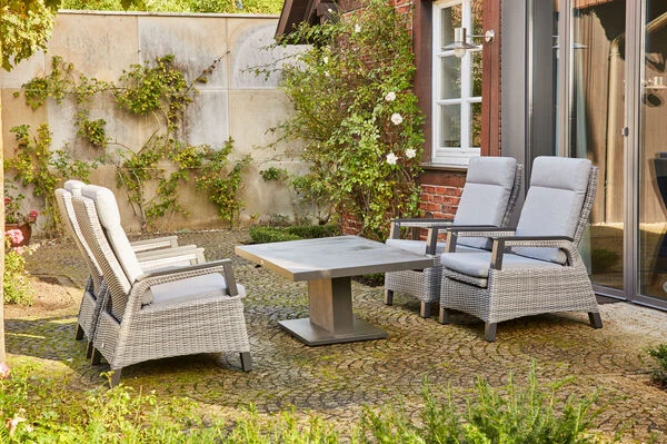 SIENA GARDEN Solea/Bellani Dining Set, Grau/anthrazit/blau, Gardino®-Geflecht/Alu/Keramik, 140 X 85 X 50-72cm, Inkl. 4 Diningsessel, Stufenlos Verstellbar 3 SIENA GARDEN Solea/Bellani Dining Set, Grau/anthrazit/blau, Gardino®-Geflecht/Alu/Keramik, 140 X 85 X 50-72cm, Inkl. 4 Diningsessel, Stufenlos Verstellbar