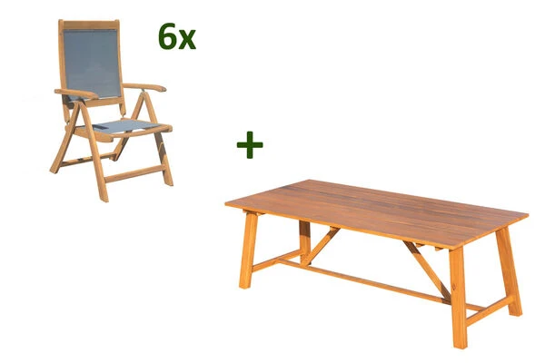 OUTFLEXX Esstischgarnitur, Natur/grau, FSC-Akazienholz/Textilene, 220x100 Cm, 6 Multipositionssessel, Geölt 3 OUTFLEXX Esstischgarnitur, Natur/grau, FSC-Akazienholz/Textilene, 220x100 Cm, 6 Multipositionssessel, Geölt