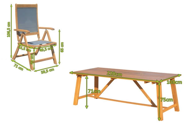 OUTFLEXX Esstischgarnitur, Natur/grau, FSC-Akazienholz/Textilene, 220x100 Cm, 6 Multipositionssessel, Geölt 7 OUTFLEXX Esstischgarnitur, Natur/grau, FSC-Akazienholz/Textilene, 220x100 Cm, 6 Multipositionssessel, Geölt – Bild 5