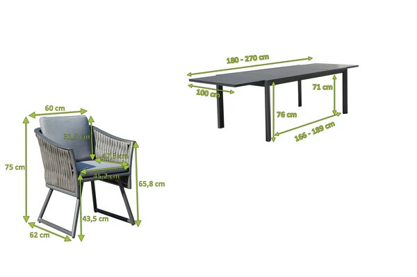 OUTFLEXX Esstischgarnitur, Anthrazit, Alu, Ausziehtisch 180/270x100 Cm, 8 Sessel 7 OUTFLEXX Esstischgarnitur, Anthrazit, Alu, Ausziehtisch 180/270x100 Cm, 8 Sessel – Bild 5