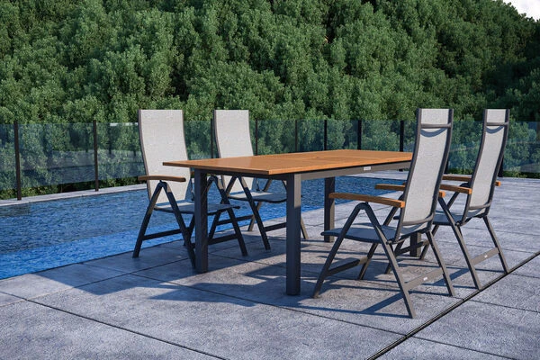 VILLANA Esstischgarnitur, Anthrazit/grau, Alu/ FSC-Akazienholz, Ausziehtisch 150/200 Cm, 4 Multipositionssessel 3 VILLANA Esstischgarnitur, Anthrazit/grau, Alu/ FSC-Akazienholz, Ausziehtisch 150/200 Cm, 4 Multipositionssessel