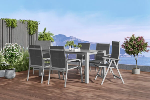 KETTLER Cubic/Basic Plus Esstischgarnitur, Silber/anthrazit, Alu/Textilene, Tisch 160x90 Cm, 4 Stapelsessel, 2 Multipo 3 KETTLER Cubic/Basic Plus Esstischgarnitur, Silber/anthrazit, Alu/Textilene, Tisch 160x90 Cm, 4 Stapelsessel, 2 Multipo