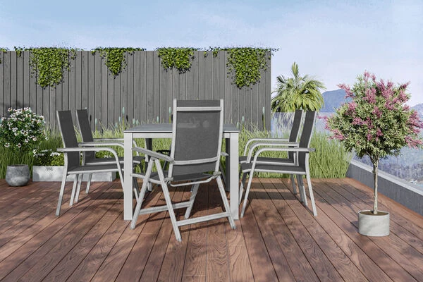 KETTLER Cubic/Basic Plus Esstischgarnitur, Silber/anthrazit, Alu/Textilene, Tisch 160x90 Cm, 4 Stapelsessel, 2 Multipo 4 KETTLER Cubic/Basic Plus Esstischgarnitur, Silber/anthrazit, Alu/Textilene, Tisch 160x90 Cm, 4 Stapelsessel, 2 Multipo – Bild 2