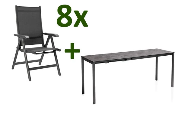 KETTLER Cubic/Basic Plus Esstischgarnitur, Anthrazit, Alu/HPL/Textilene, 140/210x70 Cm, 8 Multipos 3 KETTLER Cubic/Basic Plus Esstischgarnitur, Anthrazit, Alu/HPL/Textilene, 140/210x70 Cm, 8 Multipos