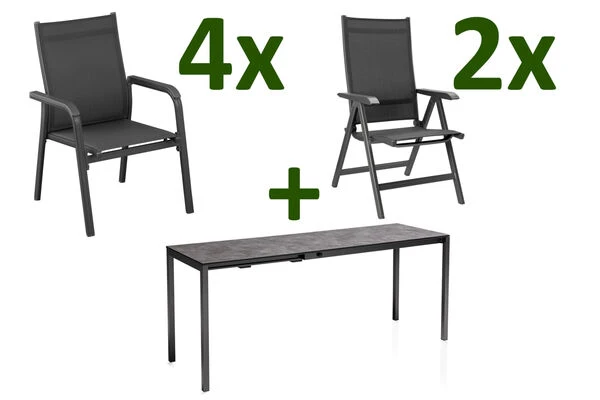 KETTLER Cubic/Basic Plus Esstischgarnitur, Anthrazit, Alu/HPL/Textilene, 140/210x70 Cm, 4 Stapel, 2 Multipos 3 KETTLER Cubic/Basic Plus Esstischgarnitur, Anthrazit, Alu/HPL/Textilene, 140/210x70 Cm, 4 Stapel, 2 Multipos