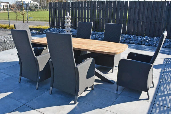 OUTFLEXX Belgium/Malaga Set, Anthrazit/sooty, Recycled Teak/Alu/Sunbrella, 220x100cm, 6 Sessel, Rustikal Gebürstet, Verstellbare Rückenlehne 12 OUTFLEXX Belgium/Malaga Set, Anthrazit/sooty, Recycled Teak/Alu/Sunbrella, 220x100cm, 6 Sessel, Rustikal Gebürstet, Verstellbare Rückenlehne – Bild 10