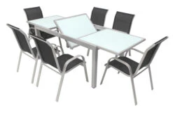 VILLANA Esstischgruppe, Silber/schwarz, Alu/Textil, Ausziehtisch 160/220 Cm, 6 Stapelstühle 15 VILLANA Esstischgruppe, Silber/schwarz, Alu/Textil, Ausziehtisch 160/220 Cm, 6 Stapelstühle -Gartenmoebel Verkaufs-Shop 2 13870.jpg