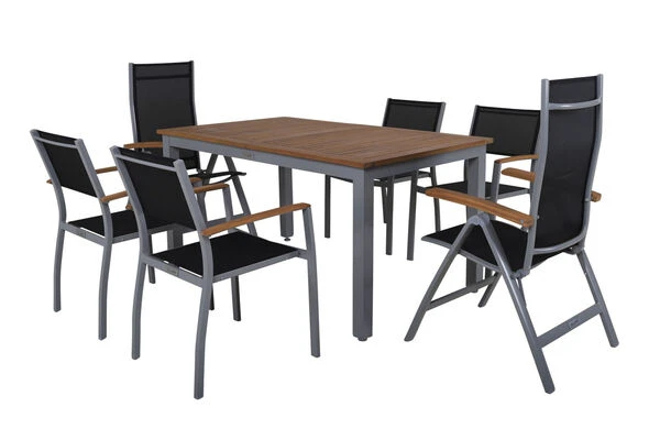 VILLANA Esstischgarnitur, Silber/schwarz, Alu / FSC-Akazienholz, Ausziehtisch 150/200 Cm, 4 Stapelsessel, 2 Hochlehner 8 VILLANA Esstischgarnitur, Silber/schwarz, Alu / FSC-Akazienholz, Ausziehtisch 150/200 Cm, 4 Stapelsessel, 2 Hochlehner – Bild 6