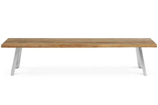 OUTFLEXX Gartenbank, Edelstahl/recyceltes FSC®-Teak, 160x40x45cm, A-Gestell, Rustikal Gebürstet 4 OUTFLEXX Gartenbank, Edelstahl/recyceltes FSC®-Teak, 160x40x45cm, A-Gestell, Rustikal Gebürstet – Bild 2