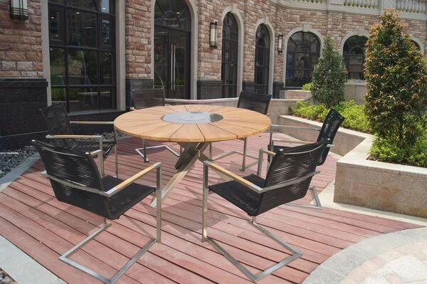 OUTFLEXX Esstischgarnitur, Silber/schwarz, Edelstahl/FSC-Teak, Esstisch Ø 170 Cm, 6 Freischwinger 3 OUTFLEXX Esstischgarnitur, Silber/schwarz, Edelstahl/FSC-Teak, Esstisch Ø 170 Cm, 6 Freischwinger