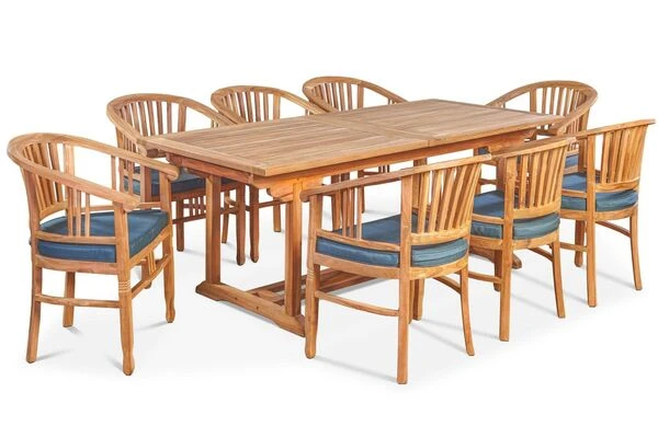 OUTFLEXX Esstischgarnitur, Teakholz, Ausziehtisch 195/295 X 90 Cm, 8 Armlehnensessel, Inkl. Polster 4 OUTFLEXX Esstischgarnitur, Teakholz, Ausziehtisch 195/295 X 90 Cm, 8 Armlehnensessel, Inkl. Polster – Bild 2