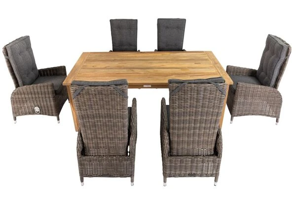 OUTFLEXX Esstischgarnitur, Polyrattan/Teakholz, Tisch 200 X 100 Cm, 6 Hochlehner- Diningsessel, Inkl. Polster 4 OUTFLEXX Esstischgarnitur, Polyrattan/Teakholz, Tisch 200 X 100 Cm, 6 Hochlehner- Diningsessel, Inkl. Polster – Bild 2