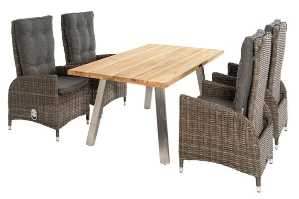 OUTFLEXX Esstischgarnitur, Edelstahl/recyceltes FSC-Teak, Tisch 160x90 Cm, 4 Hochlehner- Diningsessel, A-Gestell 4 OUTFLEXX Esstischgarnitur, Edelstahl/recyceltes FSC-Teak, Tisch 160x90 Cm, 4 Hochlehner- Diningsessel, A-Gestell – Bild 2