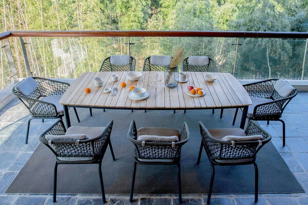 OUTFLEXX Oscar Esstischgarnitur, Anthrazit, Alu/FSC-Teak/Rope, Tisch 214x100 Cm, 8 Stühle , Tischplatte AusTeak 4 OUTFLEXX Oscar Esstischgarnitur, Anthrazit, Alu/FSC-Teak/Rope, Tisch 214x100 Cm, 8 Stühle , Tischplatte AusTeak – Bild 2