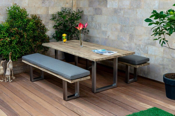 OUTFLEXX Esstischgarnitur, Silber/natur, Edelstahl & Recycled FSC-Teak, Esstisch 200x100cm, 2xBank 200x40cm, Baumkante 4 OUTFLEXX Esstischgarnitur, Silber/natur, Edelstahl & Recycled FSC-Teak, Esstisch 200x100cm, 2xBank 200x40cm, Baumkante – Bild 2