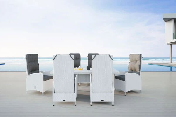 OUTFLEXX Dining Set, Weiß, Polyrattan, Tisch 200x95cm, Spraystone 6mm, 6 Dining Sessel Verstellbar 4 OUTFLEXX Dining Set, Weiß, Polyrattan, Tisch 200x95cm, Spraystone 6mm, 6 Dining Sessel Verstellbar – Bild 2