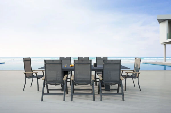 HARTMAN Sondermodell Xanadu / Alice Esstischgarnitur, Xerix/schwarz, Alu/Glaskeramik, 4x4 Textilen, 2 Stapelsessel, 6 Multipos, 220/280x100cm 4 HARTMAN Sondermodell Xanadu / Alice Esstischgarnitur, Xerix/schwarz, Alu/Glaskeramik, 4x4 Textilen, 2 Stapelsessel, 6 Multipos, 220/280x100cm – Bild 2